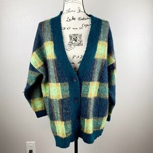 Mango Teal and Yellow Plaid Cardigan